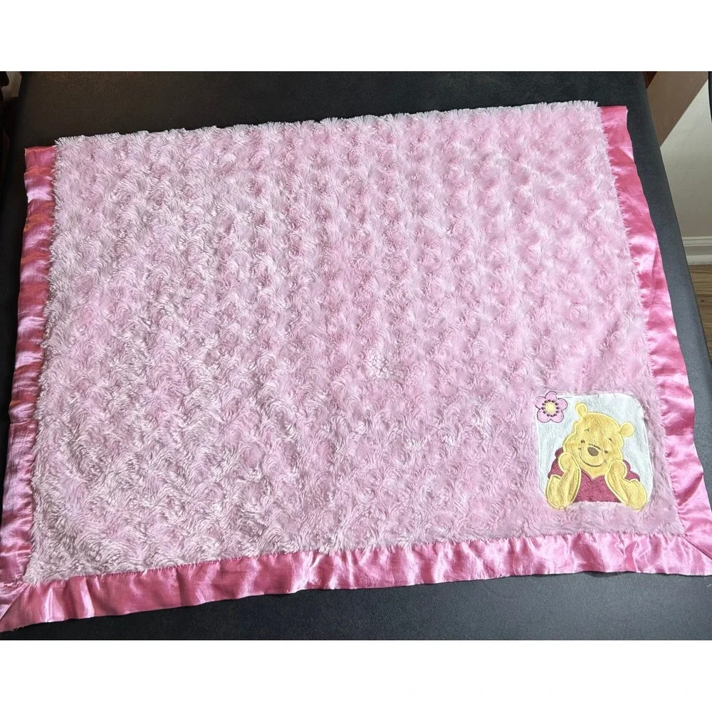 Disney Winnie the Pooh Baby Blanket Pink Satin Trim Rosebud Swirl 30x40 Cozy